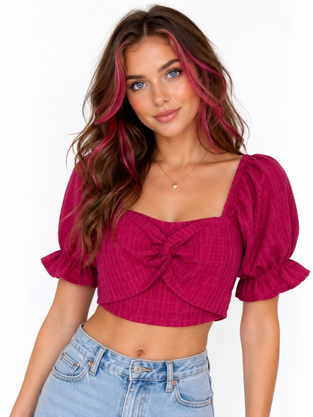 Pink State Puff Sleeve Crop Top Size Small Magenta Knot Front Square Neck